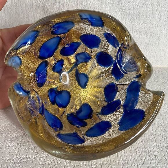 Vintage 1950s Vibrant Cobalt Blue and Gold Murano Ashtray Bowl by Barovier and T - Picture 4 of 11